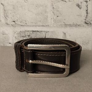 Men’s Brown Genuine Leather Belt Silver Buckle Classic Size 36